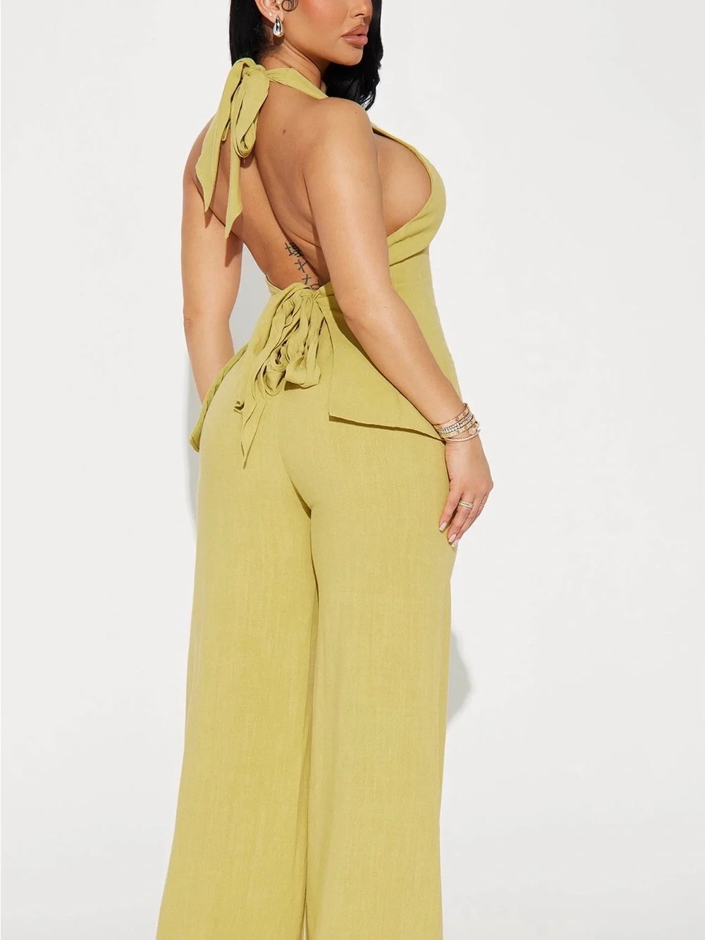 Linen halter button and wide leg linen pant set